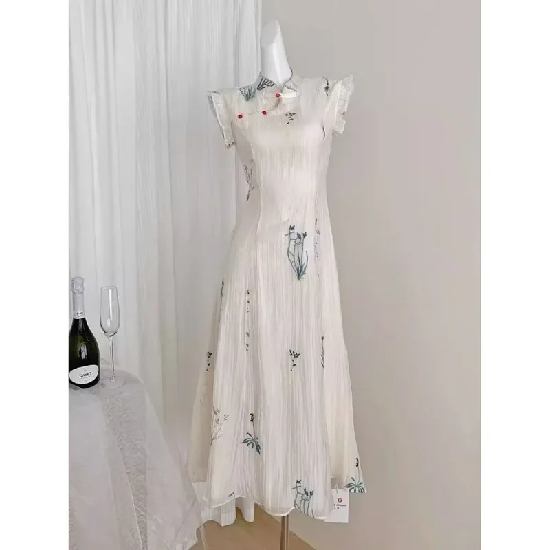 Women's White Embroidered Qipao Maxi Dress with Fringed Shawl Set Chinese Style