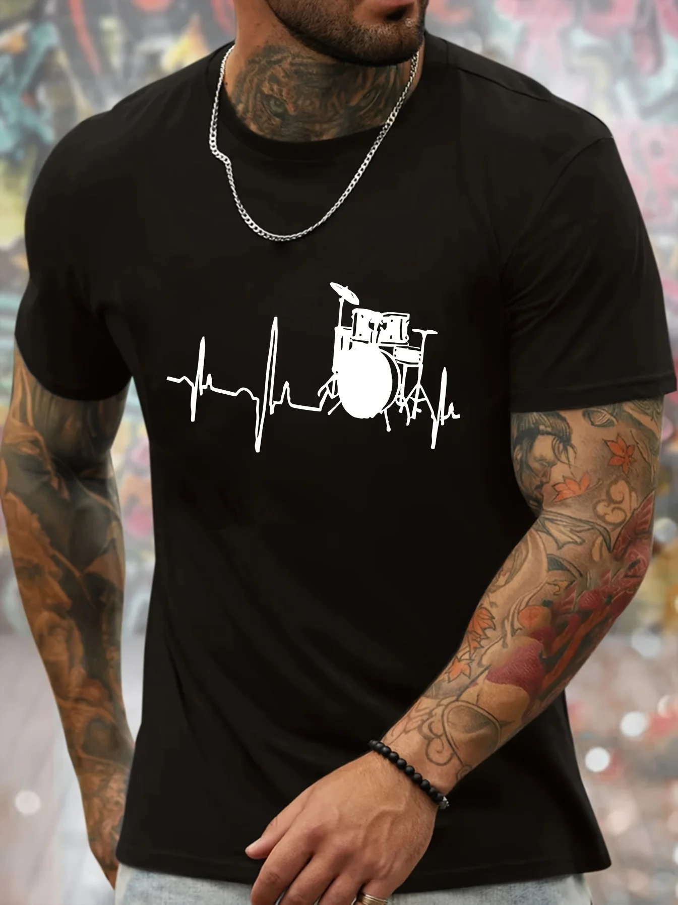 

Men's Summer 100% Cotton Fashionable Sports and Leisure Loose Drum Set and Music Pattern Printed Round Neck Short Sleeve T-shirt