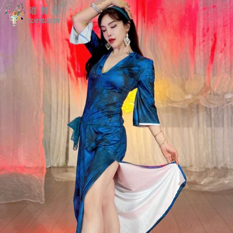 ملابس الرقص الشرقي للنساء مزاجه رداء أنيق + وشاح الرأس + وشاح الورك 3 قطعة زي أداء Saidi Shabbi Baladi