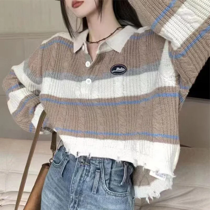 

Y2K Contrast Color Striped Pullovers Loose Vintage Turn Down Collar Jumpers Autumn Korean Streetwear Frayed Hem Knitted Sweater