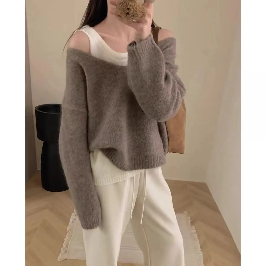 Ensemble pull tricoté ample à col en v pour femmes, automne hiver, ensemble deux pièces polyvalent et confortable