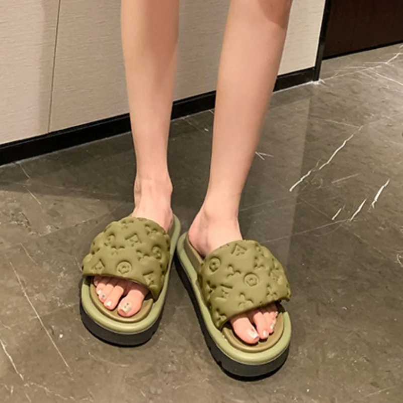 FOREADA Women Slides Round Toe Platform Sandals Flat Platform Mid Heels Slippers Ladies Fashion Shoes Summer Green Black 40