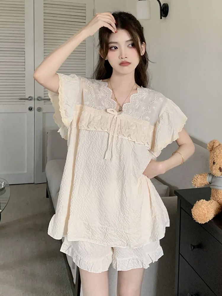 Summer Thin Pajamas For Women 2024 New Short Sleeves Shorts 2Pcs Female Home Sleepwear Sets Lace Ruffles Pullover Nightgown