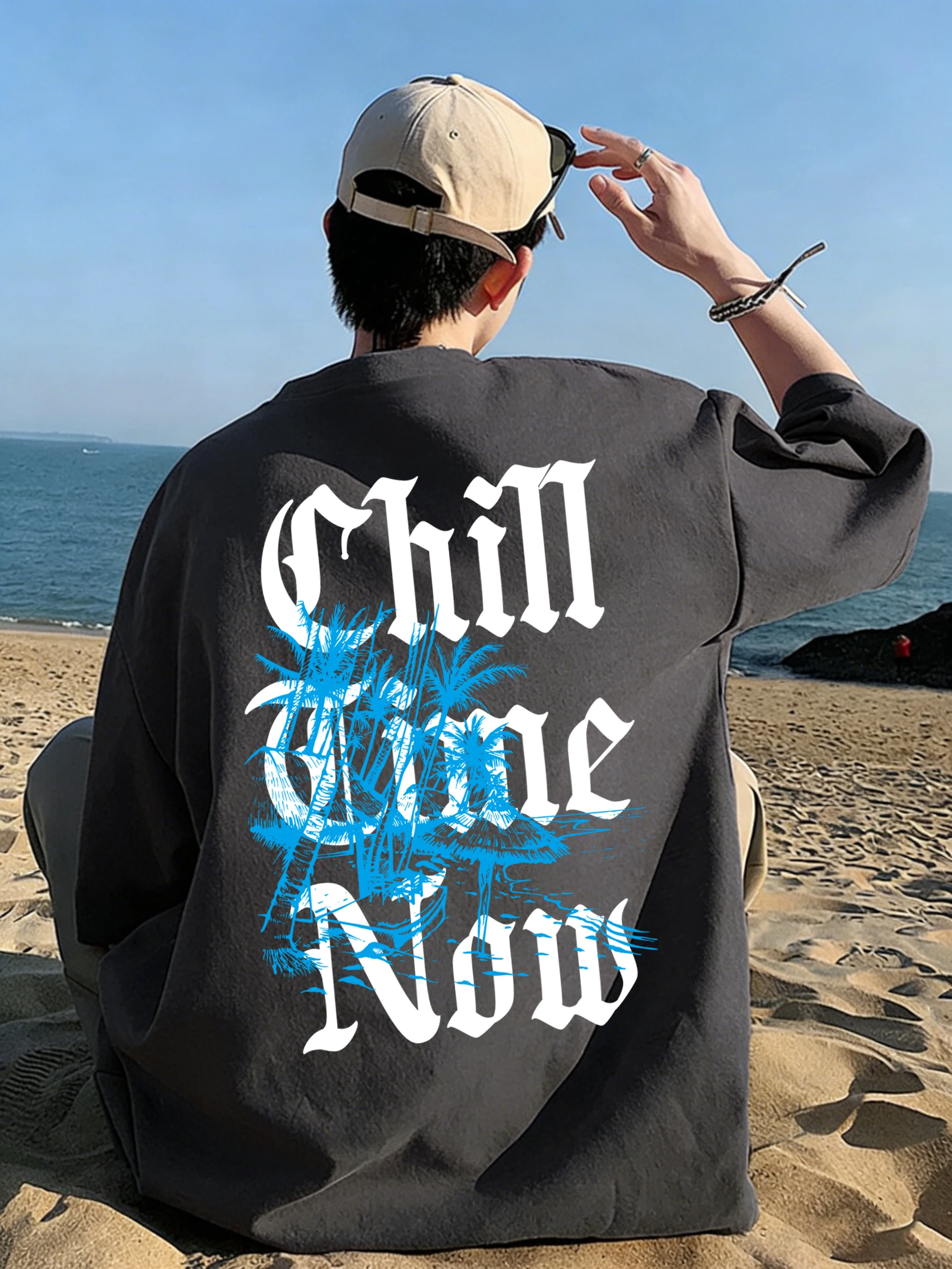 Camiseta con estampado de Beach Chill Time Now para hombre, ropa deportiva de verano Vintage, ropa informal holgada de algodón, ropa de calle suave de moda Unisex