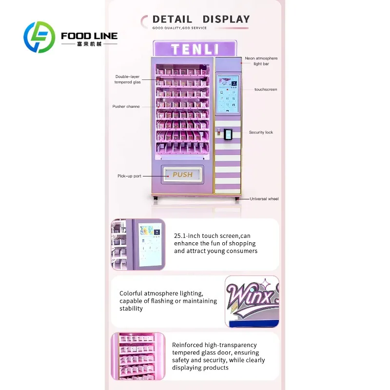 Customized Pink LED Neon Beauty Vending Machine Touch Screen QR Code Payment Refrigerated For Cosmetics Skincare CE