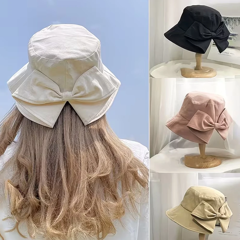 Women's Bowknot Bucket Hat, Spring and Summer Outdoor Sun Hat, Face-Covering Double-Sided Uv Protection Sun Hat, Double-Sided Solid Color Foldable Sun Hat, Suitable for Daily Wear, Commuting, and Travel