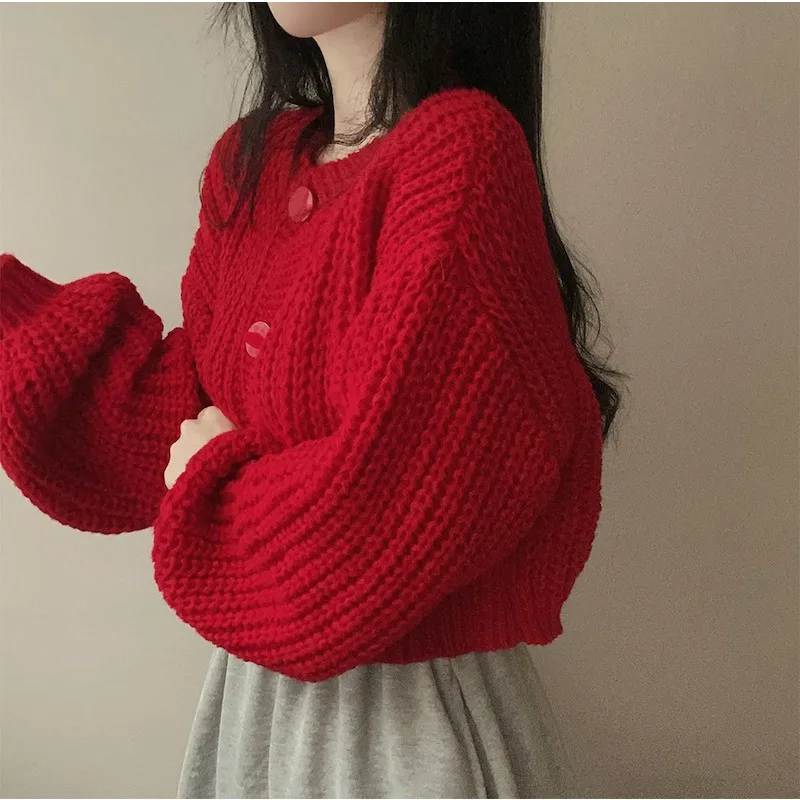

Sweet Simple Solid Color O Neck Women's Short Knitted Cardigan Autumn Fashion Button Lady Casual Long Sleeve Jacket Korean New