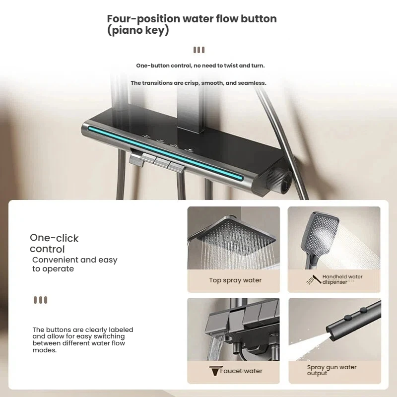 Gray Intelligent Square Tube Shower System Set Multifunctional Digital Display Piano Keys Household Temperature Shower Set