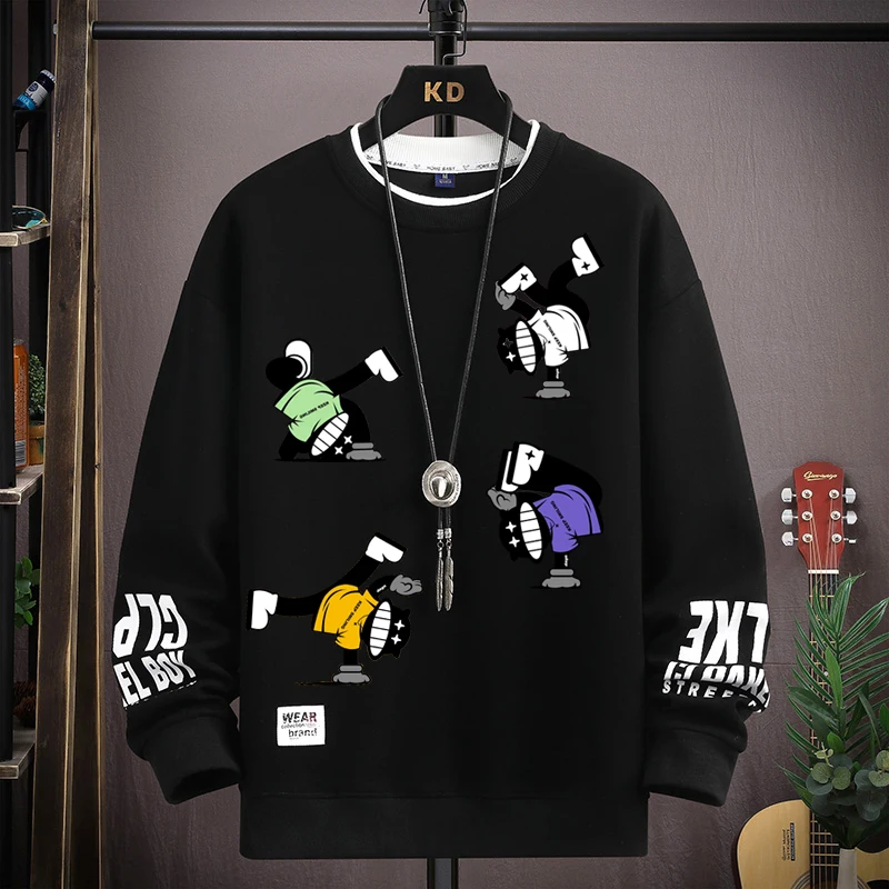 S-5XL Men Hip Hop Sweatshirts Casual O Neck Harajuku Khaki Top Trendy Cartoon Printed Long Sleeve T-shirt Fashion Men\'s Clothing