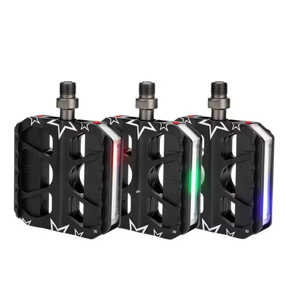 3ベアリングMTBペダル LED安全ライト付き CNCアルミ合金プラットフォームペダル 折りたたみ/マウンテンバイク用 IP6防水