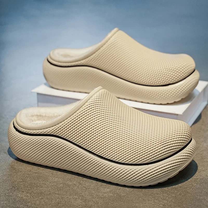 Winter Waterproof Warm Fleece Slippers for Men Women Textured Upper Non-slip Indoor Outdoor Home House Shoes