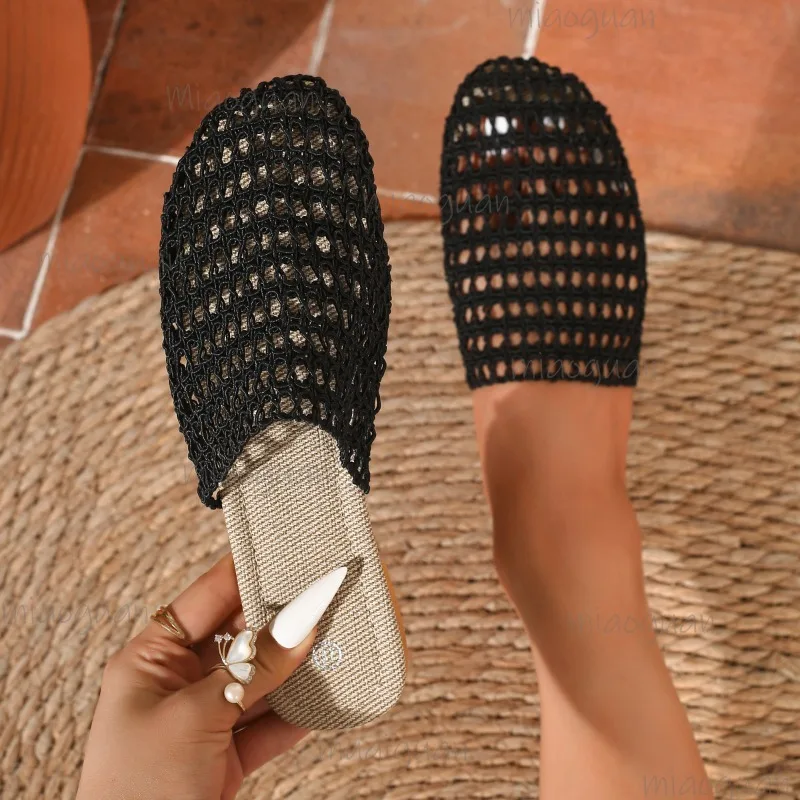 Women's Mesh Flat Sandals Cover Toe Slip-on Summer Casual Shoes Lightweight Bohemian Comfortable Non-slip Sandals Woman Shoes