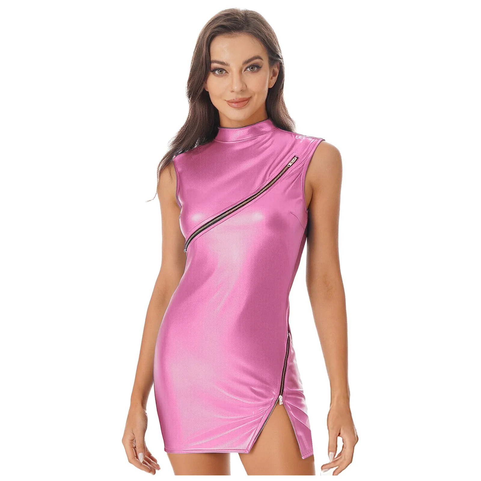 

Women Fashion Sexy Metallic Bodycon Tube Dress Stylish Design Double-end Zippers for Revealing Sleeveless Mini Skinny Dress