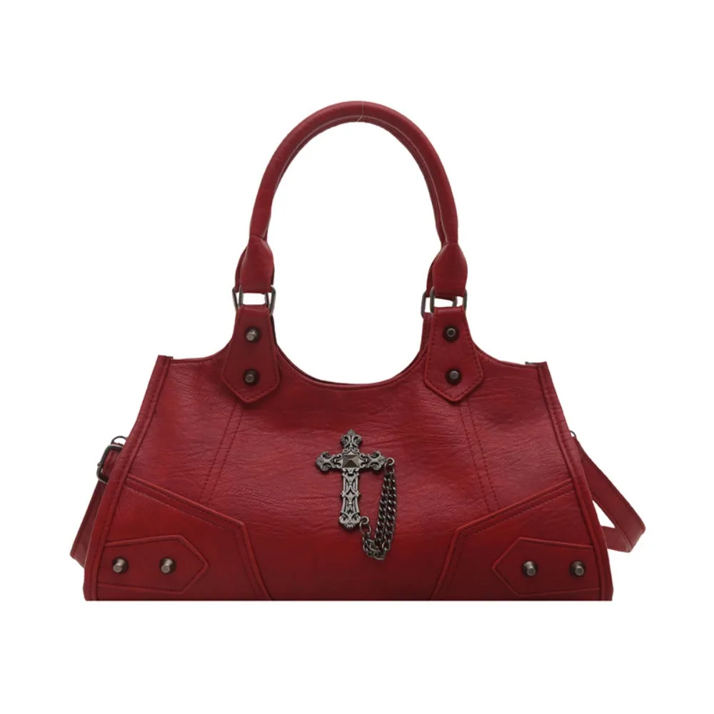 

PU Leather Gothic Cross Crossbody Bag Large Capacity Fashion Design Locomotive Style Underarm Bag Solid Color Korean Style