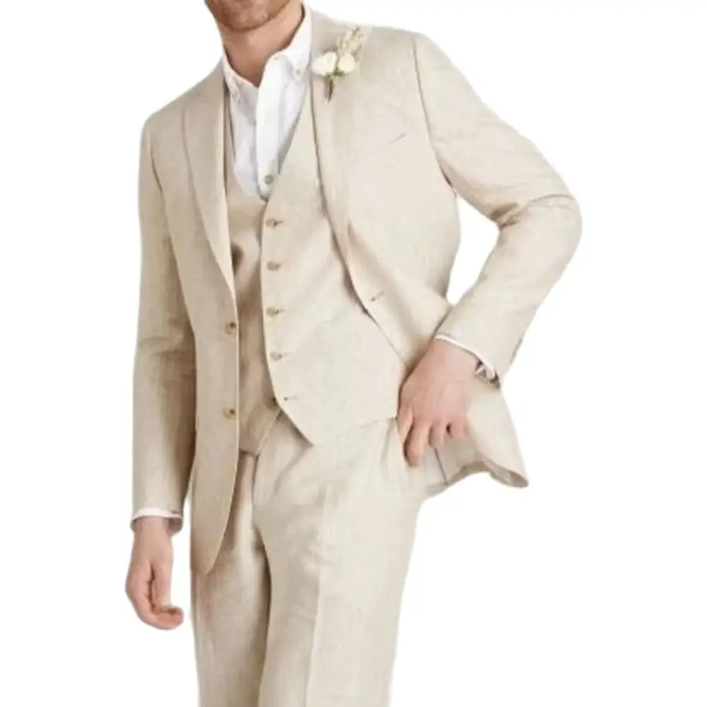 STEVDITG Beige Linen 3 Piece Jacket Pants Vest Elegnat Men's Suits Slim Fit Customized Single Breasted Peaked Lapel Costume Set