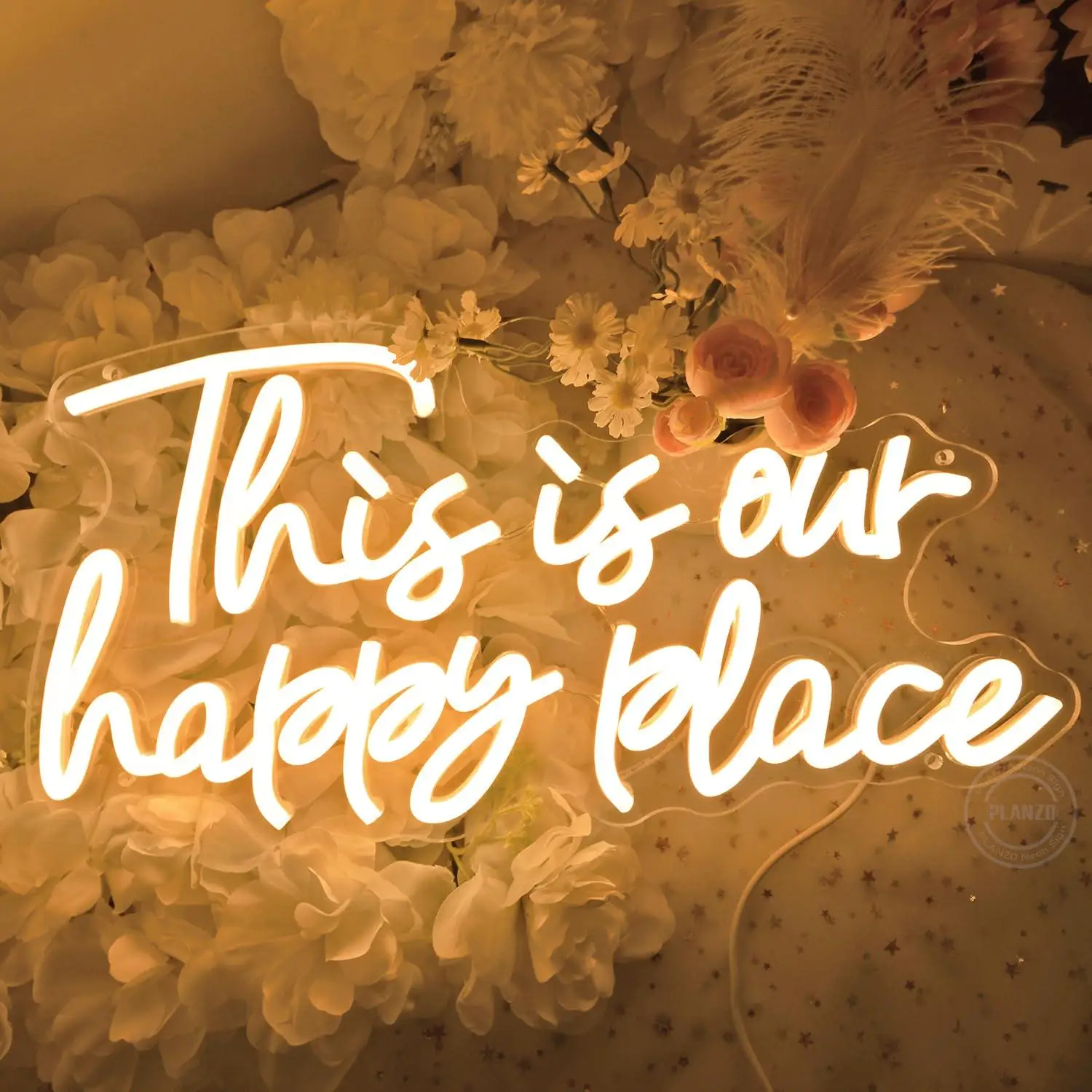 This Is Our Happy Place Neon Sign Dimmable LED Light for Home Bedroom Dorm Living Room Cafe Wedding Birthday Wall Decor Art Sign