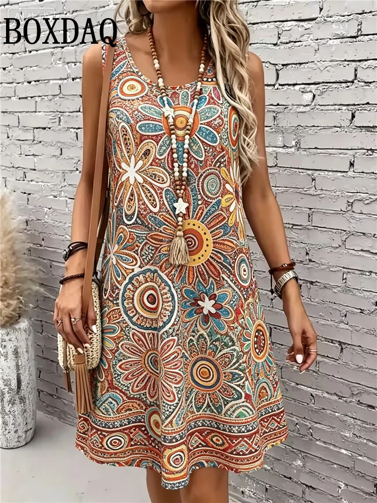 2026 Damen Ärmelloses Kleid Vintage Ethnischer Stil 3D-Druck Lockeres Kleid Sommer Lässiges Sommerkleid Damenkleidung Übergröße 6XL