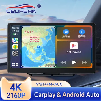 OBDPEAK 4K 카플레이 및 안드로이드 자동차 DVR, 와이파이 블루투스, AUX FM 대시 캠, GPS 네비게이션, 24 시간 주차 모니터, 비디오 녹음기, 9 인치 