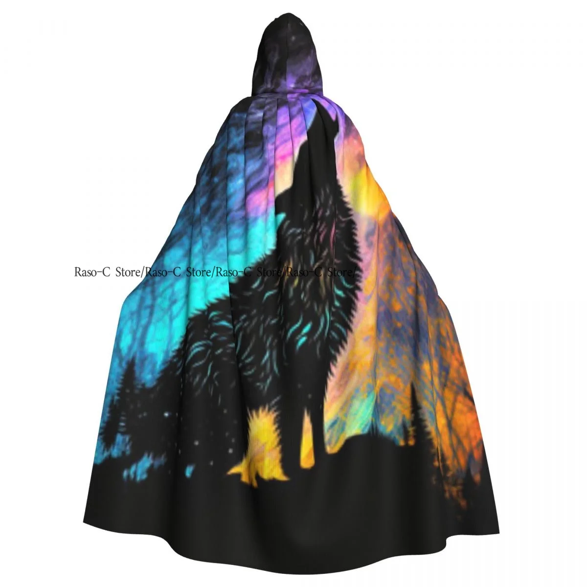 Howling Of The Wolf Towards The Moon At Night Hooded Cloak Polyester Unisex Witch Cape Costume Accessory