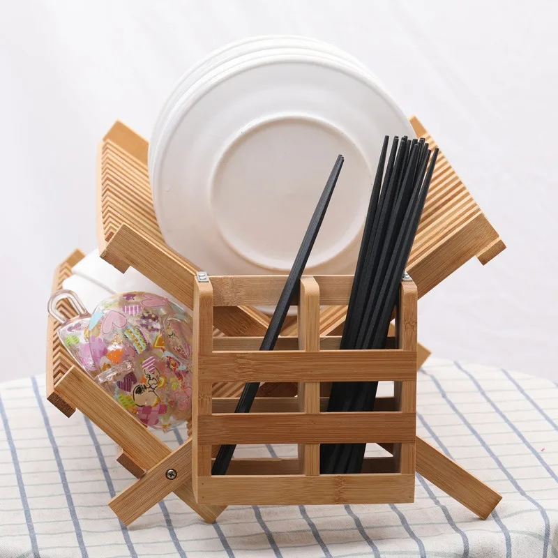 

Bamboo Double-layer Bowl Rack Drain Rack Solid Wood Kitchen Shelf Dish with Chopsticks Cage Storage Rack kitchen organizer