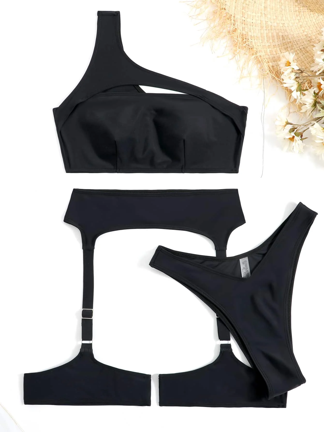 

Solid One Shoulder Cut Out Bikini Set With Leg Garter Three Pieces