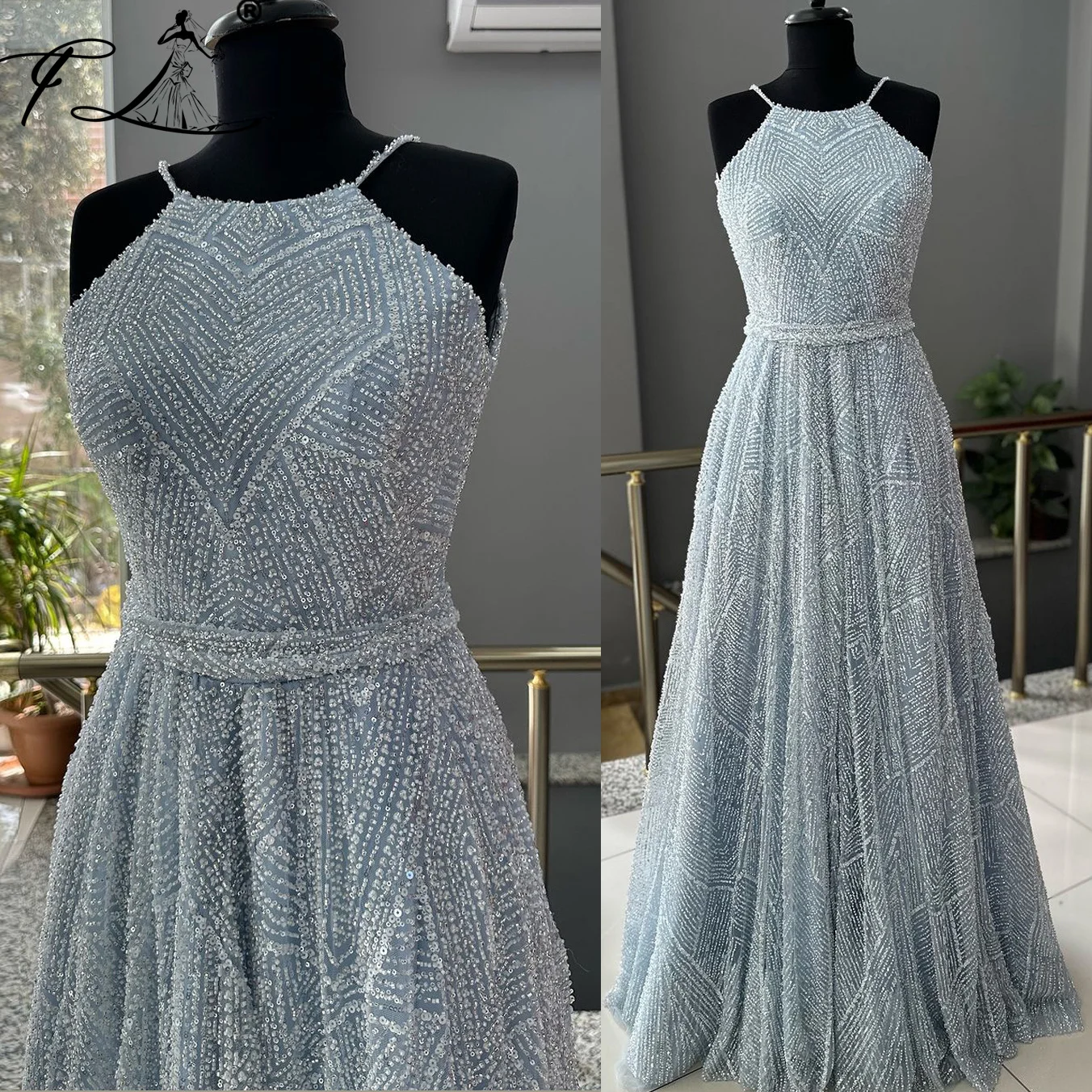 

Halter Gray Sequined Long Prom Dress 2025 Women A-Line Beaded Evening Party Dresses Gown Customized