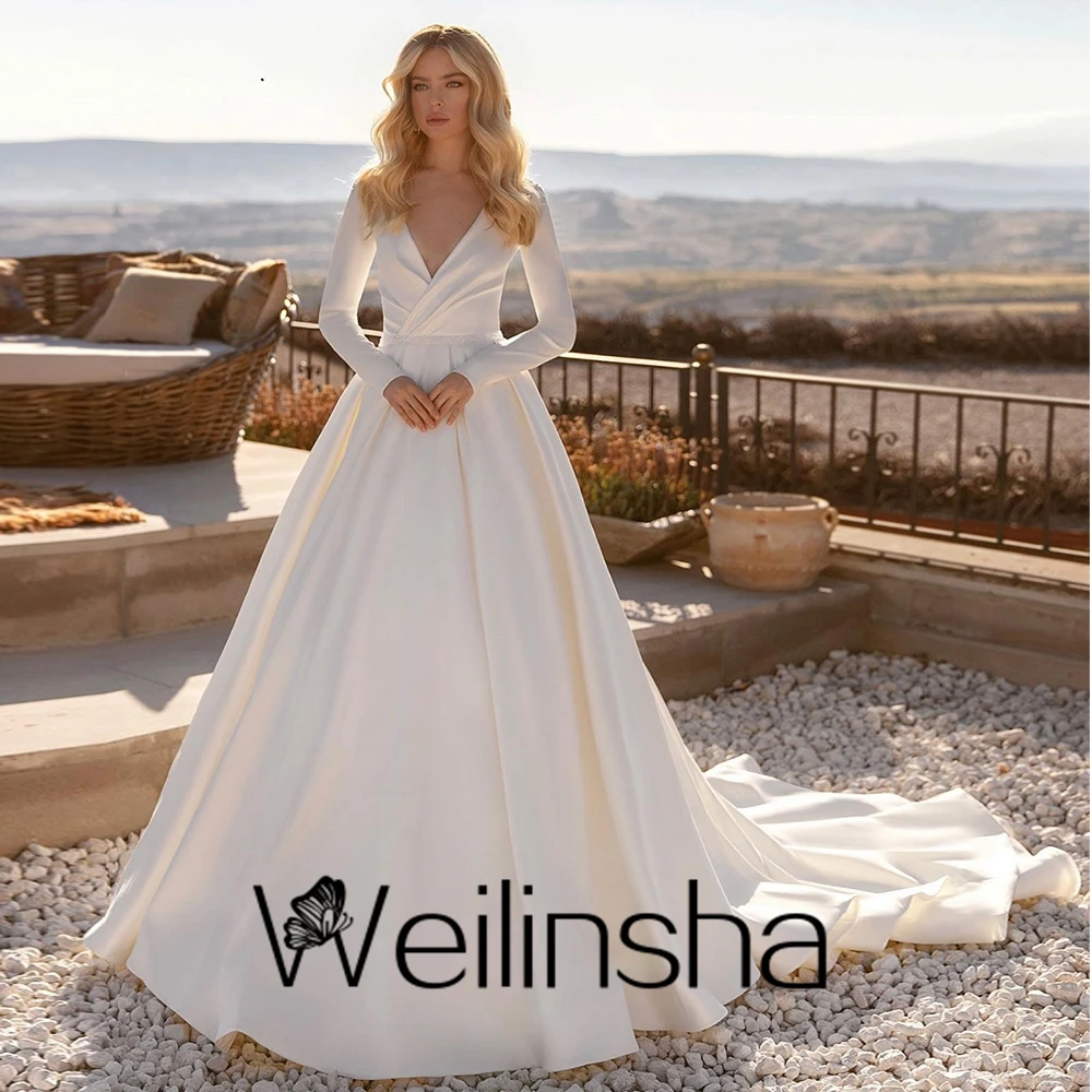 

White Elegant Full Sleeve Wedding Dresses Customized 2026 New Summer Robe V Neck A Line Sweep Train Elegant Bridal Dress