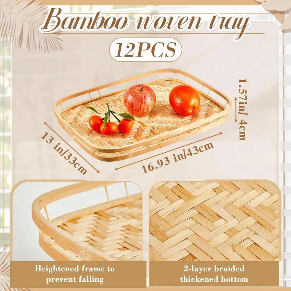 12 Pcs Bamboo Wicker Serving Trays 16.93x13 Inch Hand Woven Lap Trays for Eating Bed Tray Snack Holder