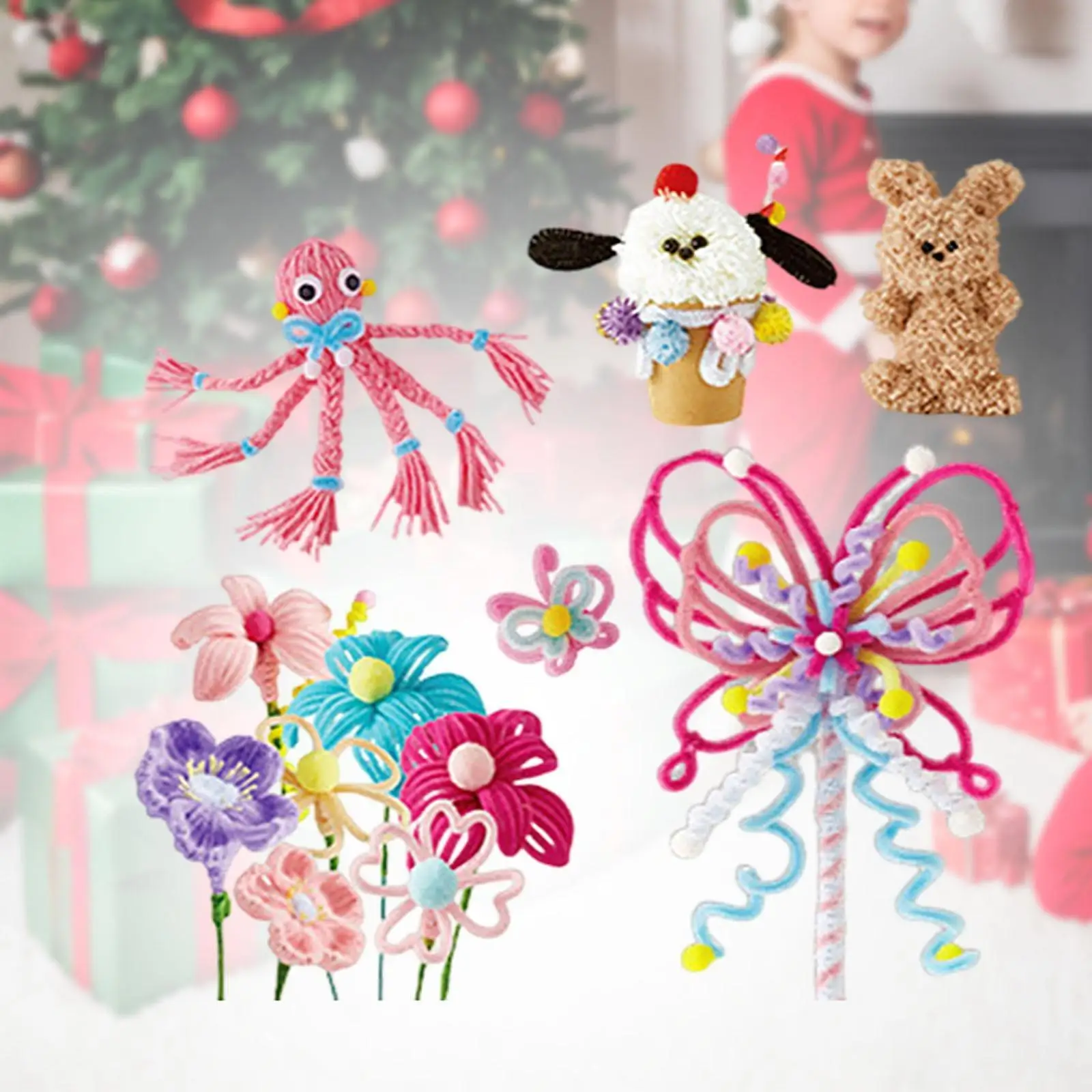 Christmas Arts Crafts Supplies Kit Flexible Wired Sticks Soft Pipe Cleaners Stems for Birthday Crafts Christmas Art Projects DIY