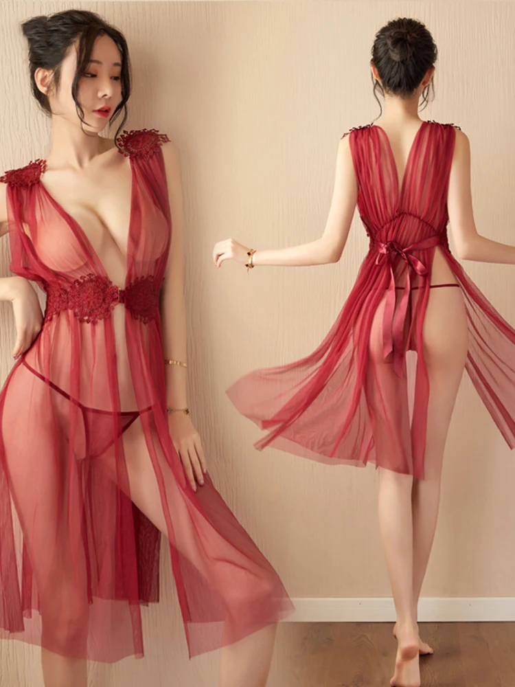 Hot Sexy Lingerie For Women Nightdress Erotic Costumes Lace Transparent Sleepwear Deep V Crotchless Nightwear Teddy Homewear