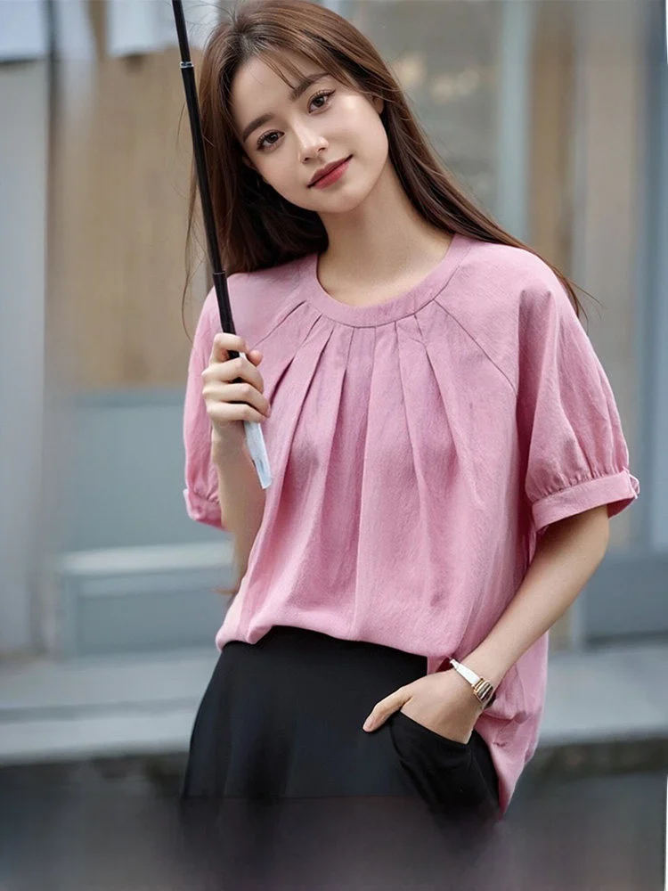 

Повседневная универсальная женская блузка с круглым вырезом и коротким рукавом, однотонная, с плиссировкой, летняя новинка, свободный крой, с пуговицами