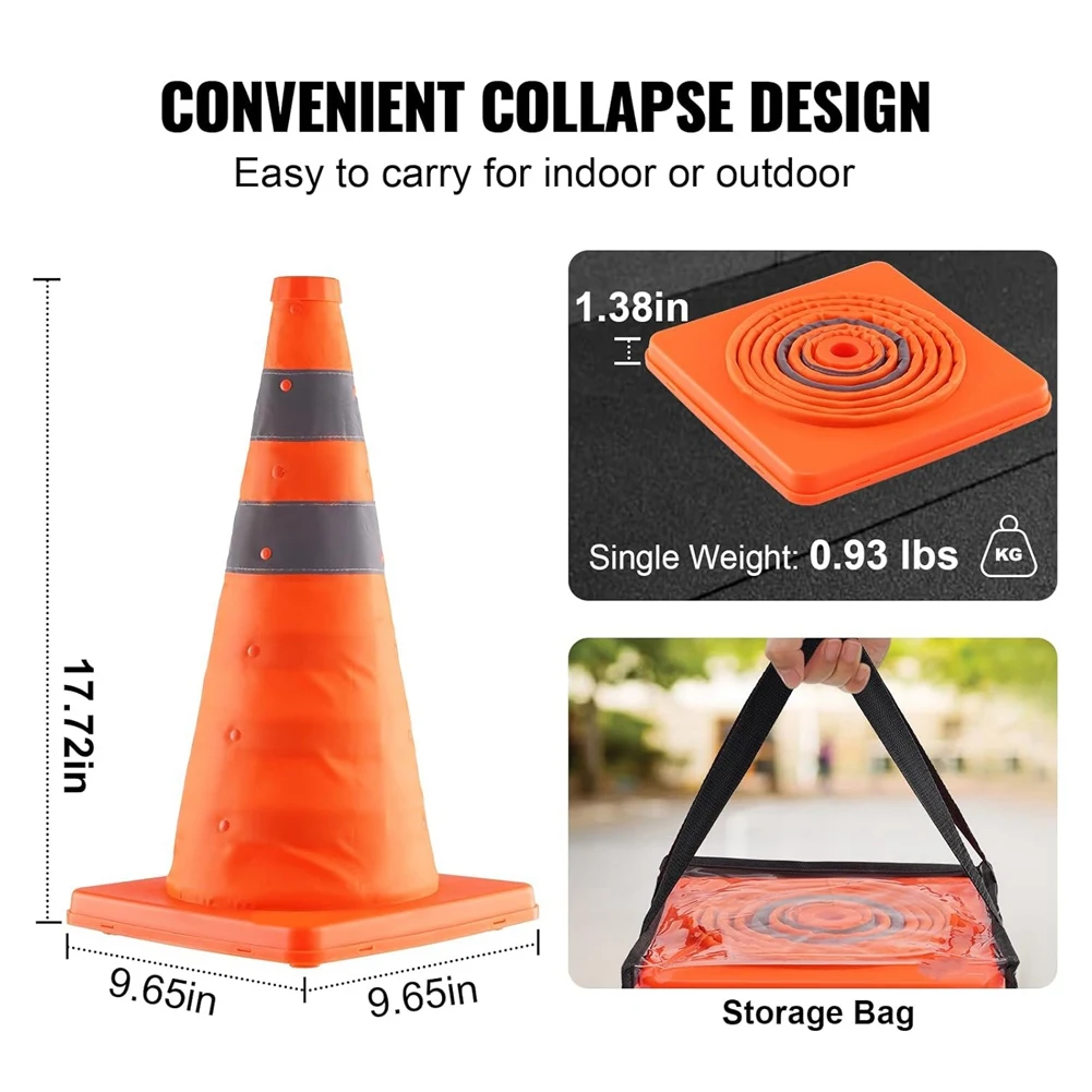 Safetys Cones, 4 Pack 18 Inch Fold Traffic Cones, Construction Cones with Reflective Collars, & Storage Bag ST