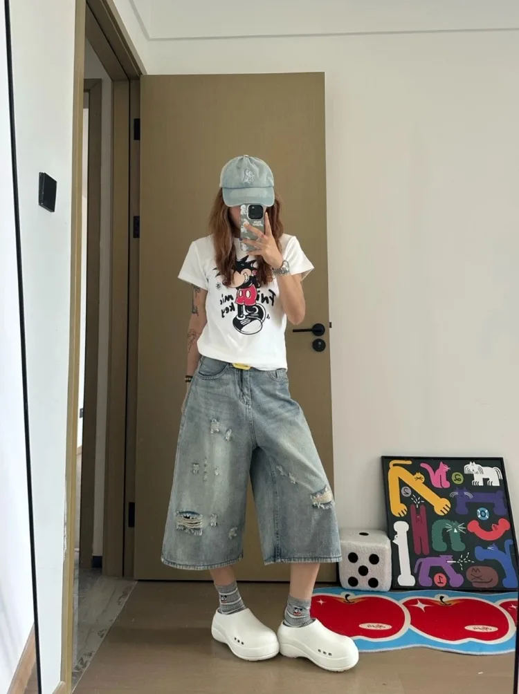 Summer Women's Distressed Design Denim Shorts Streetwear Casual Pants Young Girls Mid-calf Trousers Female Wide Leg Sweatpants