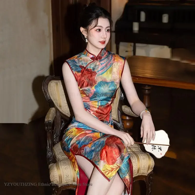 

Traditional Chinese Dresses Clothing Retro Classic Long Cheongsam for Women Sexy Slim Split Qipao Print Flower Satin Vestidos
