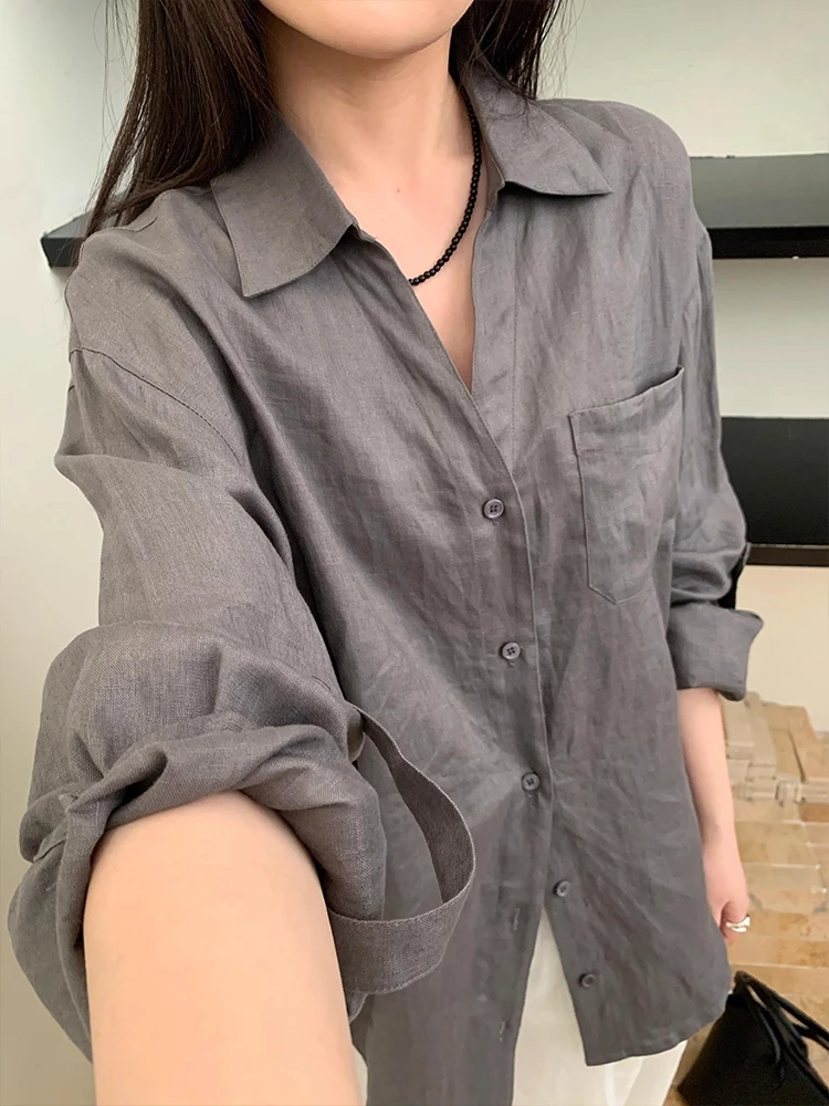 

Retro Grey Long Sleeve Linen Shirt Women's Loose Slimming Casual Style Pure Color Autumn New Fashion Top Trending