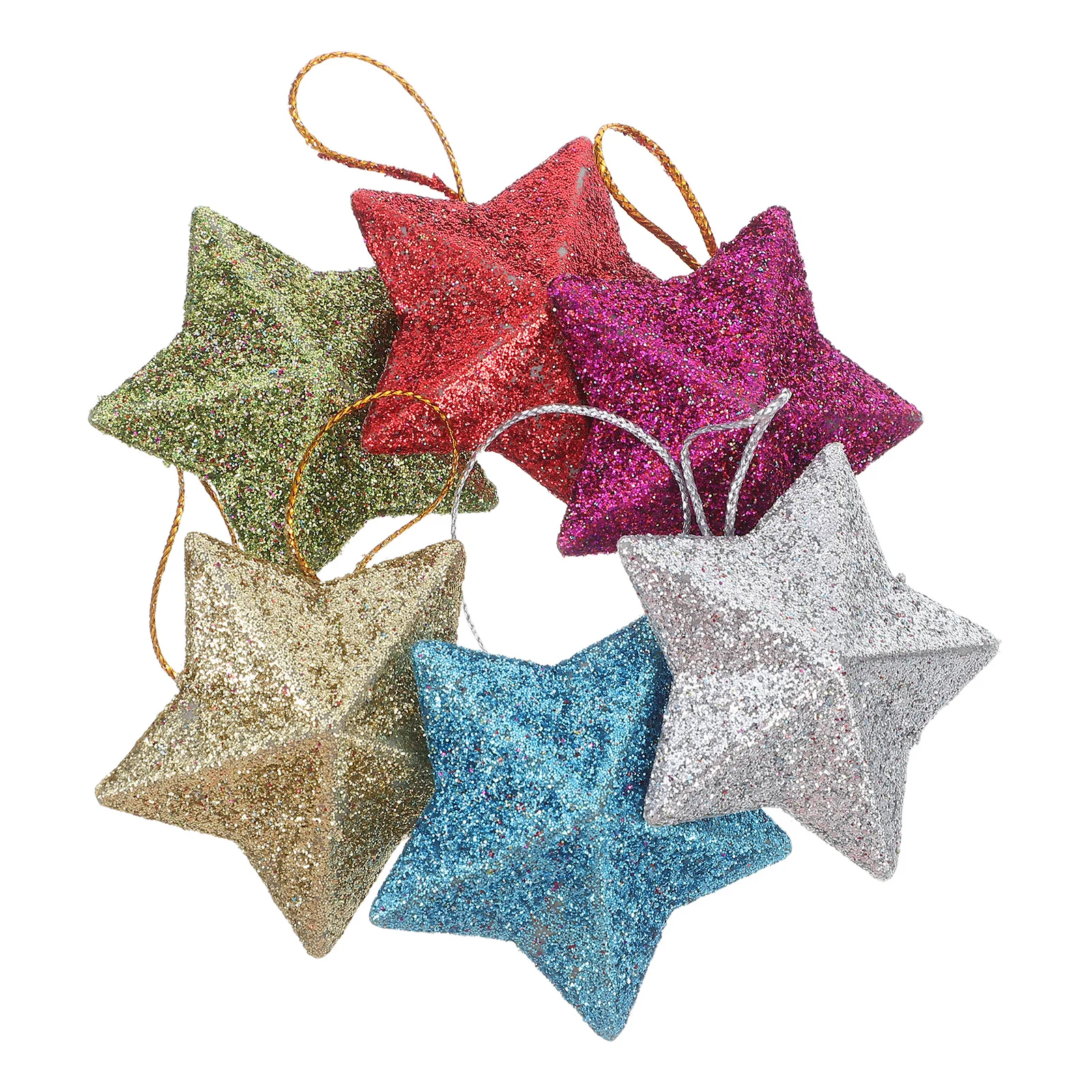 

6Pcs Christmas Glitter Star Ornaments Plastic 3D Five-Pointed Hanging Decorations Festival Wedding Birthday Party