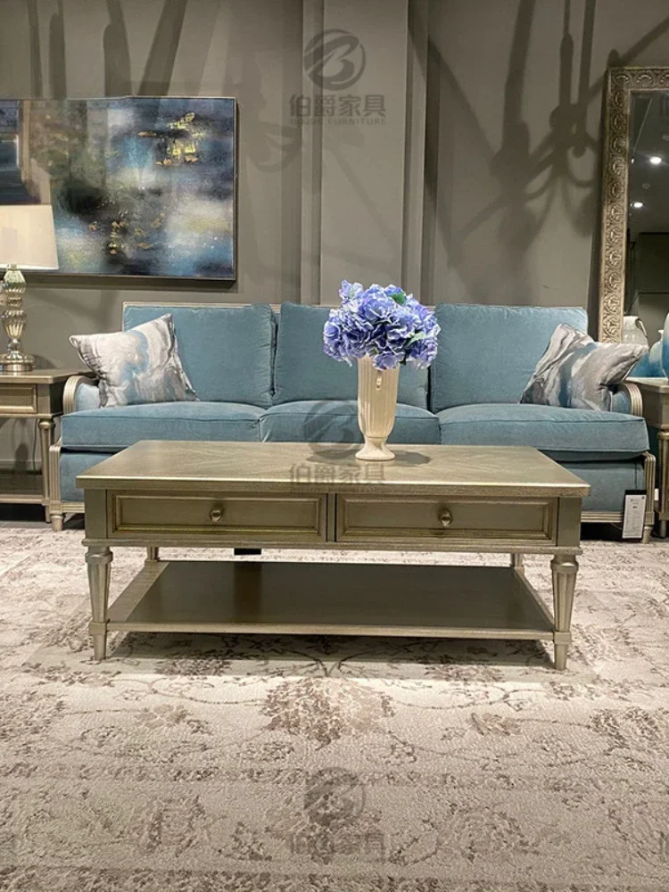 

Американский светлый роскошный прямоугольный журнальный столик из цельного дерева цвета шампанского и серебра