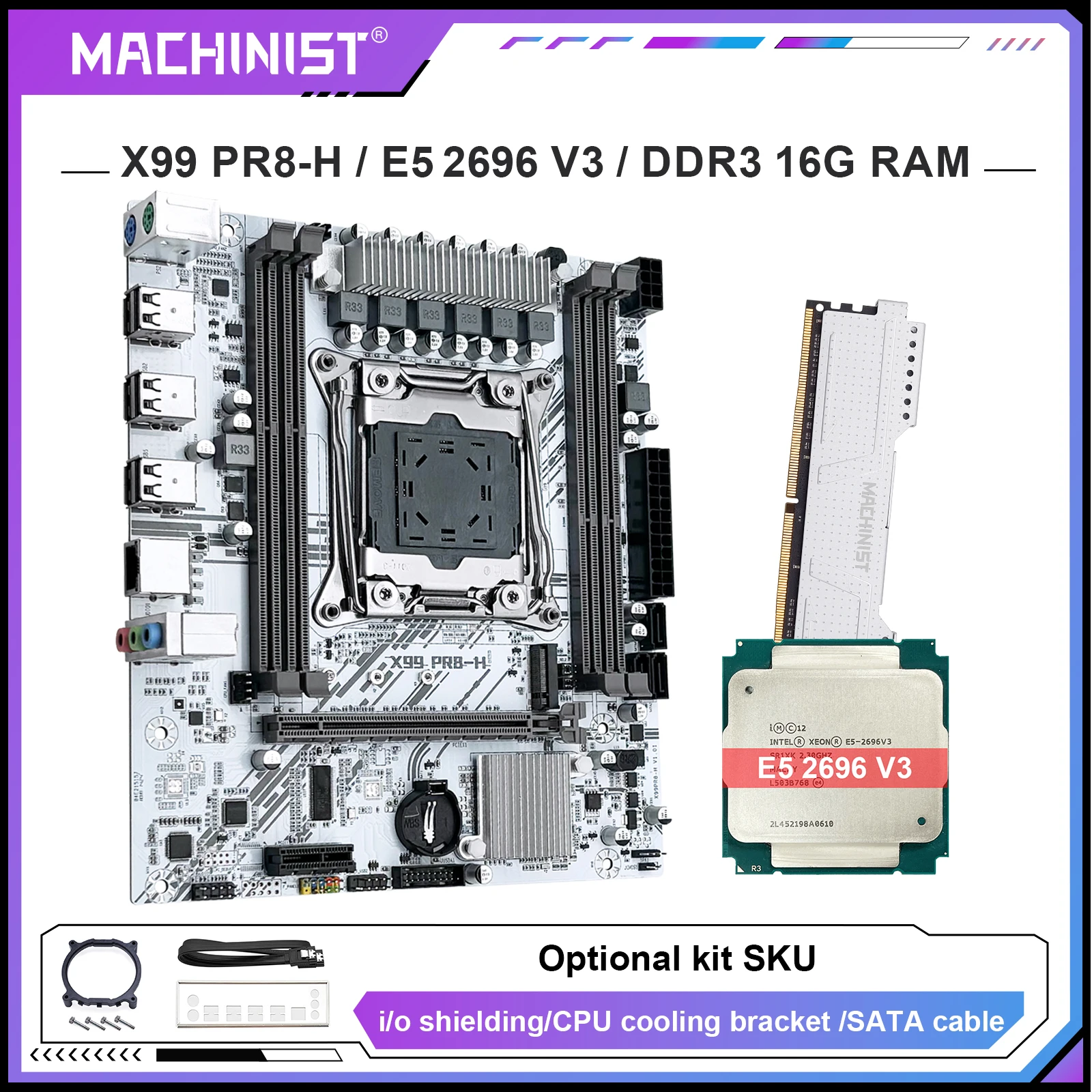 

Комплект материнской платы MACHINIST X99 с процессором Intel LGA2011-3 Xeon E5 2696 V3 DDR3 16 ГБ 2400 МГц ECC RAM NVME M.2 SATA Белый PR8-H