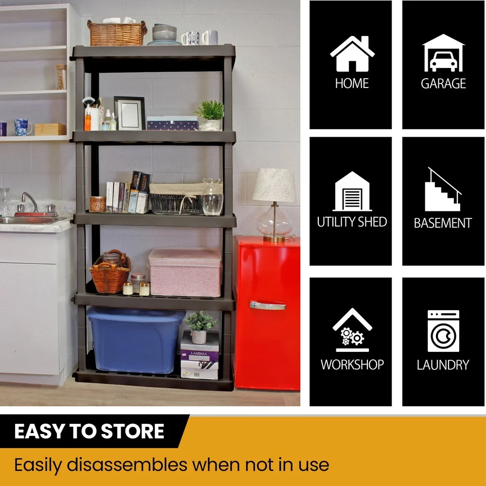 5-Tier Heavy Duty Plastic Shelving Unit Tool-Free Assembly Garage Storage Rack 750 lb Total Capacity Interlocking Design