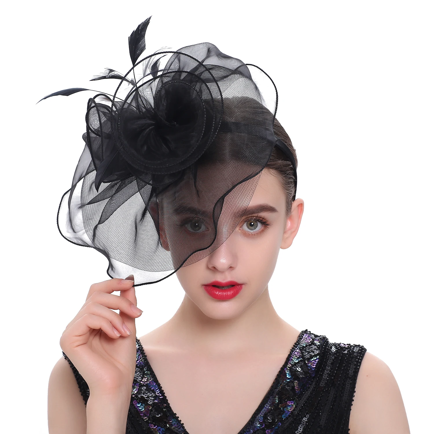 

Women Organza Flower Headband and Clip，Feather Mesh Fascinator Hat Elegant Lightweight Kentucky Derby Photography Headwear
