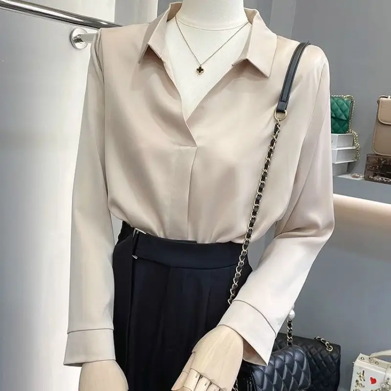 French Long-sleeved Blouse Women\'s Spring 2024 New Solid V-neck Office Lady Work Wear Chiffon Shirt Temperament Female Clothing