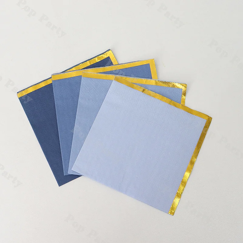Elegant 20pcs Paper Napkins 25x25cm with Gold Trim, 4 Colors (Blue/Pink/Yellow) for Decoration, Party Supplies, Holiday