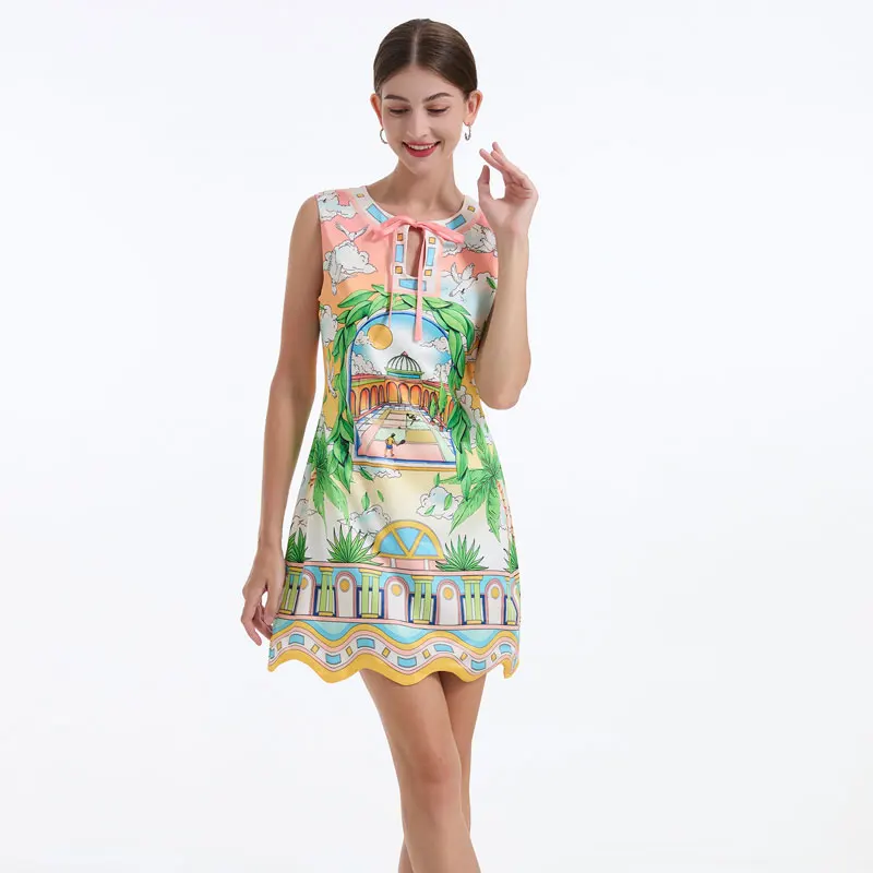 New Summer Flower Printed Holiday Mini Clothes 2024 Fashion Runway Women Lace Up O Neck Sleeveless Tank Wave Edge Cartoon Dress