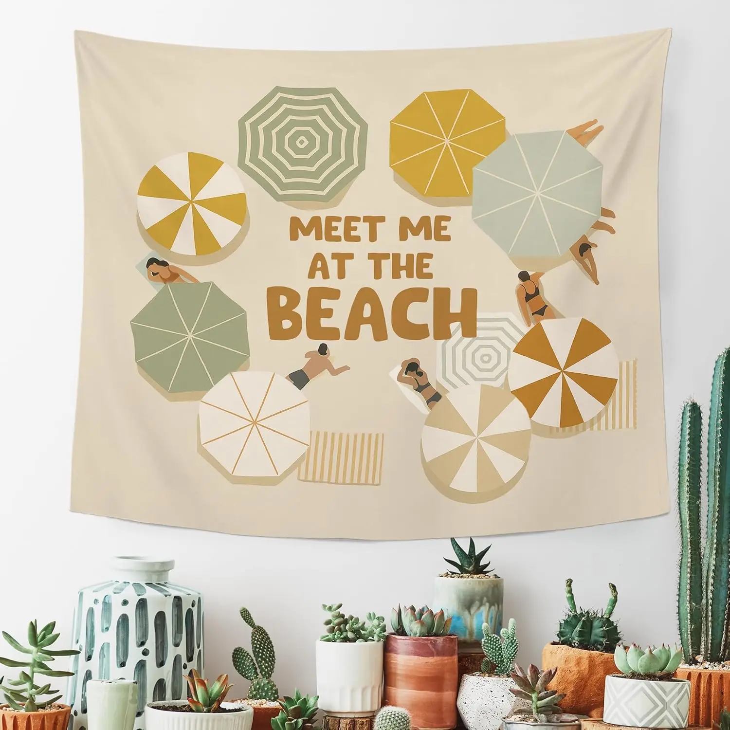 Meet Me at The Beach Umbrella Wall Tapestry Hanging for Beachy House,Coastal Summer Minimalist Tapestries,Retro Funny Wall Decor