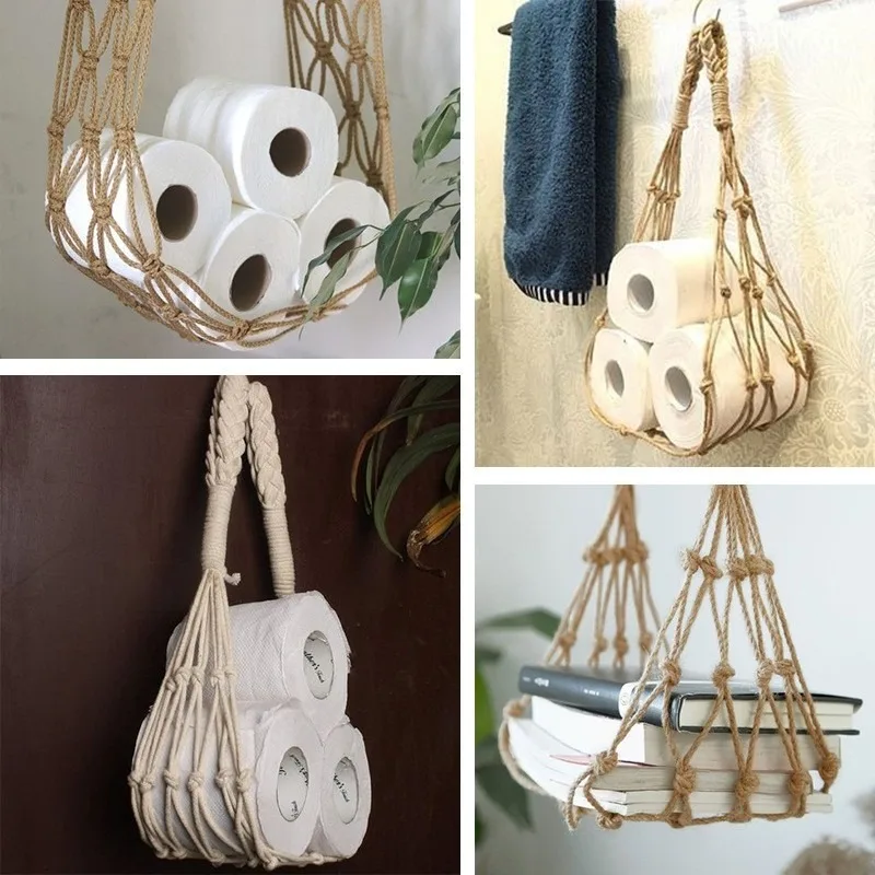 Handwoven Cotton Rope Toilet Paper Holder - Hanging Roll Paper Storage Pocket for Bathroom, Rustic Wall Mount Tissue Organizer - view 6