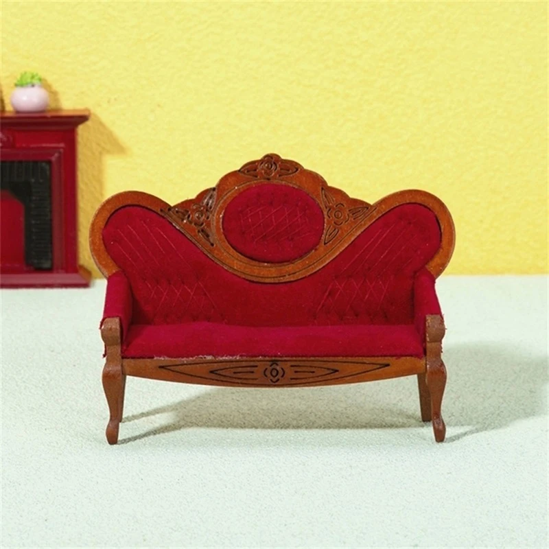 1:12 puppenhaus Miniatur Sofa Rot Retro Sessel Holz Sofa Modell Puppenhaus Wohnzimmer Möbel Dekor Spielzeug