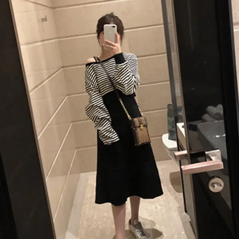 Striped Sweater + Suspender Skirt Two-piece Set 2020 Korean Casual Student Girl Suit Skirt  Sets for Women  Clothing