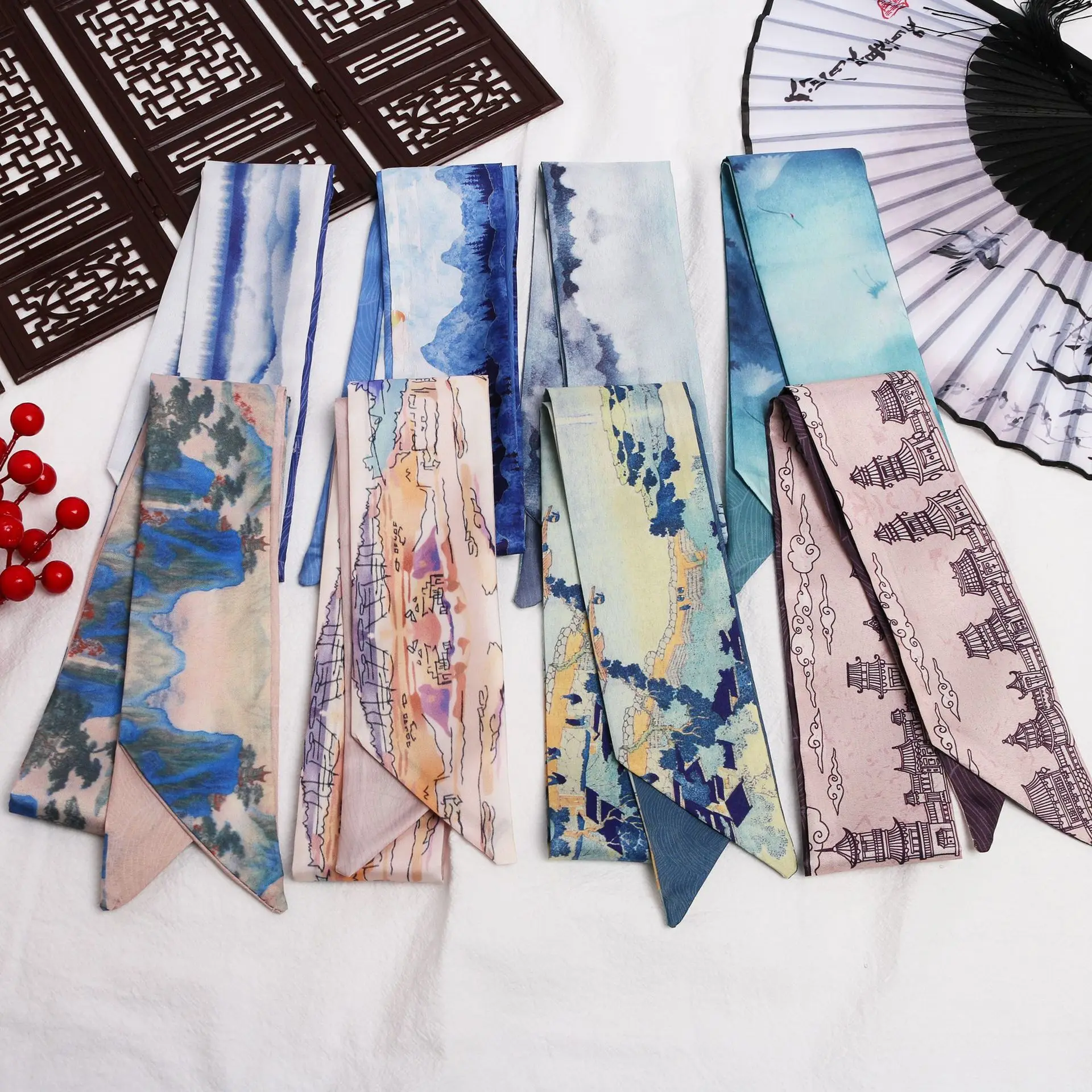 

Landscape antique long silk scarf headband cold and elegant binding bag gift silk scarf ribbon