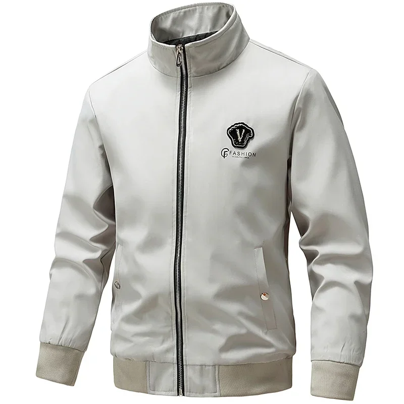 Fashion Man's Stand Collar Bomber Jacket Full Zip Embroidered Logo Workwear Jackets Autumn Multi Pockets Loose Fit Sports Coats
