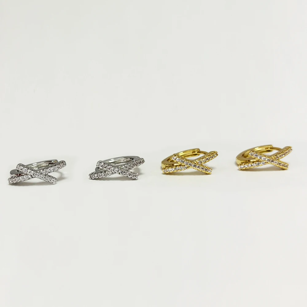 Cute Small Copper Zircon Pave X Shape Ear Cuff Hoop Earring Vintage Gold Color 10mm Closed Circle Ear Piercing Clip Jewelry